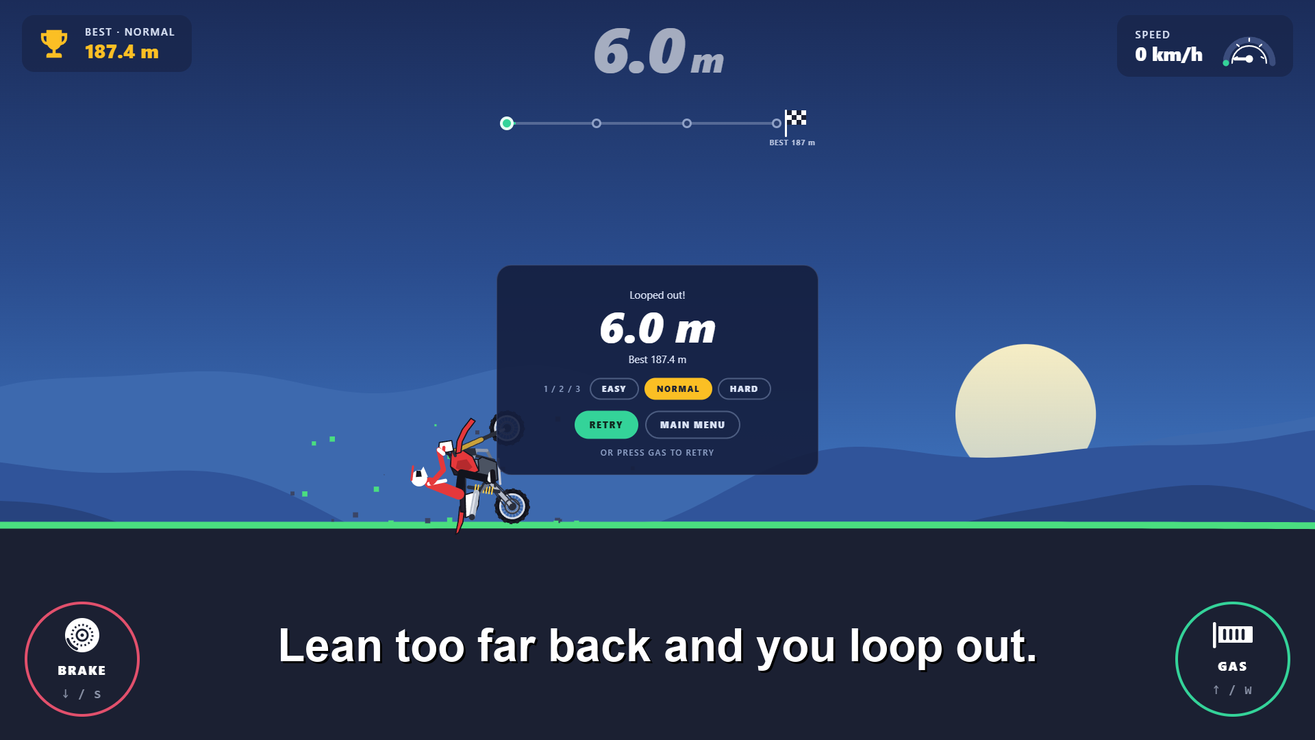 Loop Out wheelie game: the rider leans too far back and loops out, ending the run