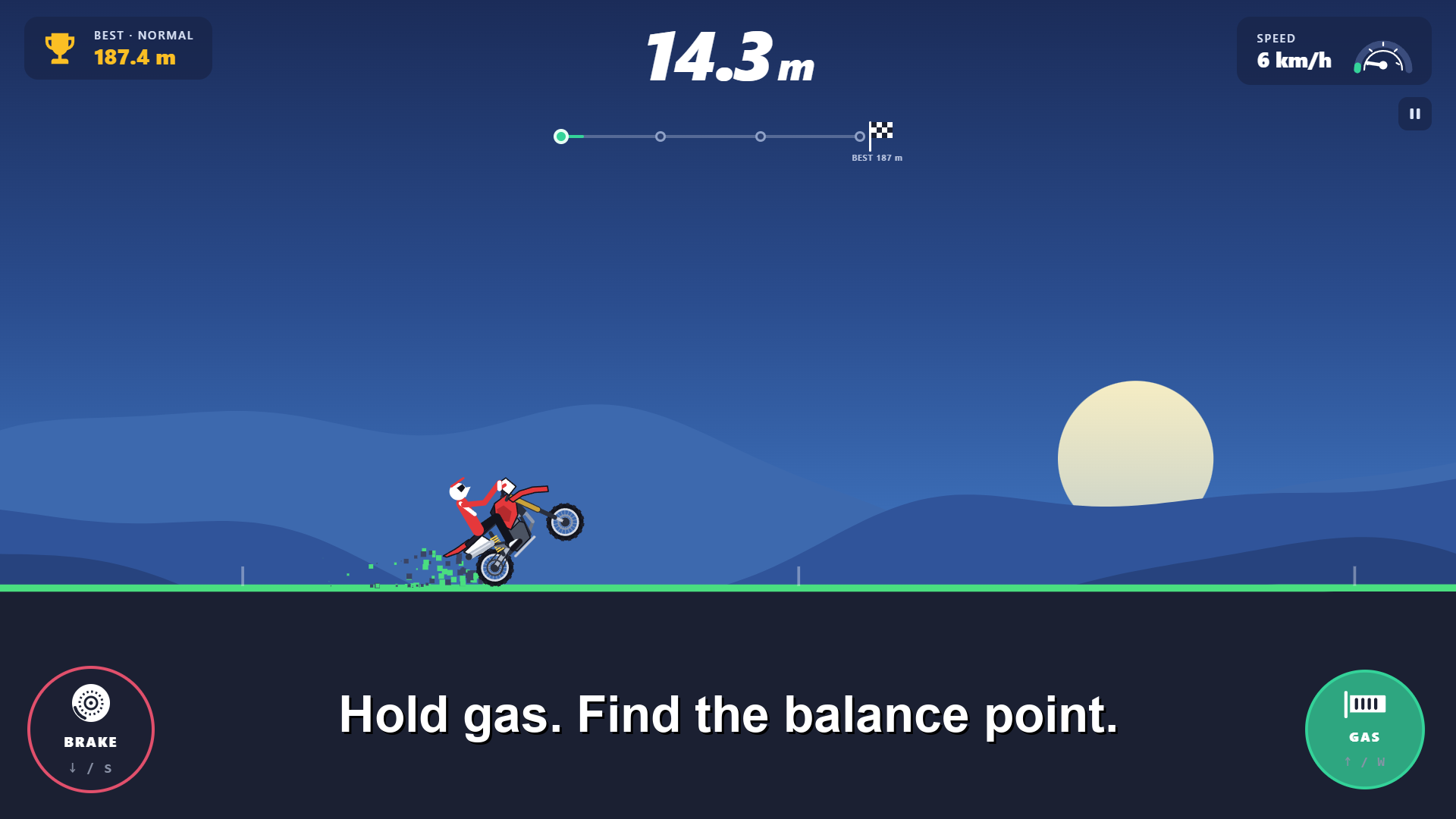 Loop Out wheelie game: a dirt bike riding on the back wheel with the distance counter climbing